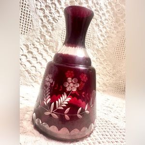 Vtg Decanter Etched Cranberry & Clear Bohemian Crystal Flower Vase /Carafe